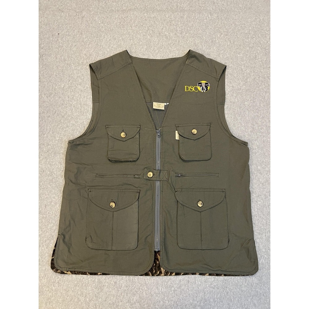 TAG Safari Vest Mens XL Green Cotton Mesh Lined Hunting Field Pockets DSC Logo